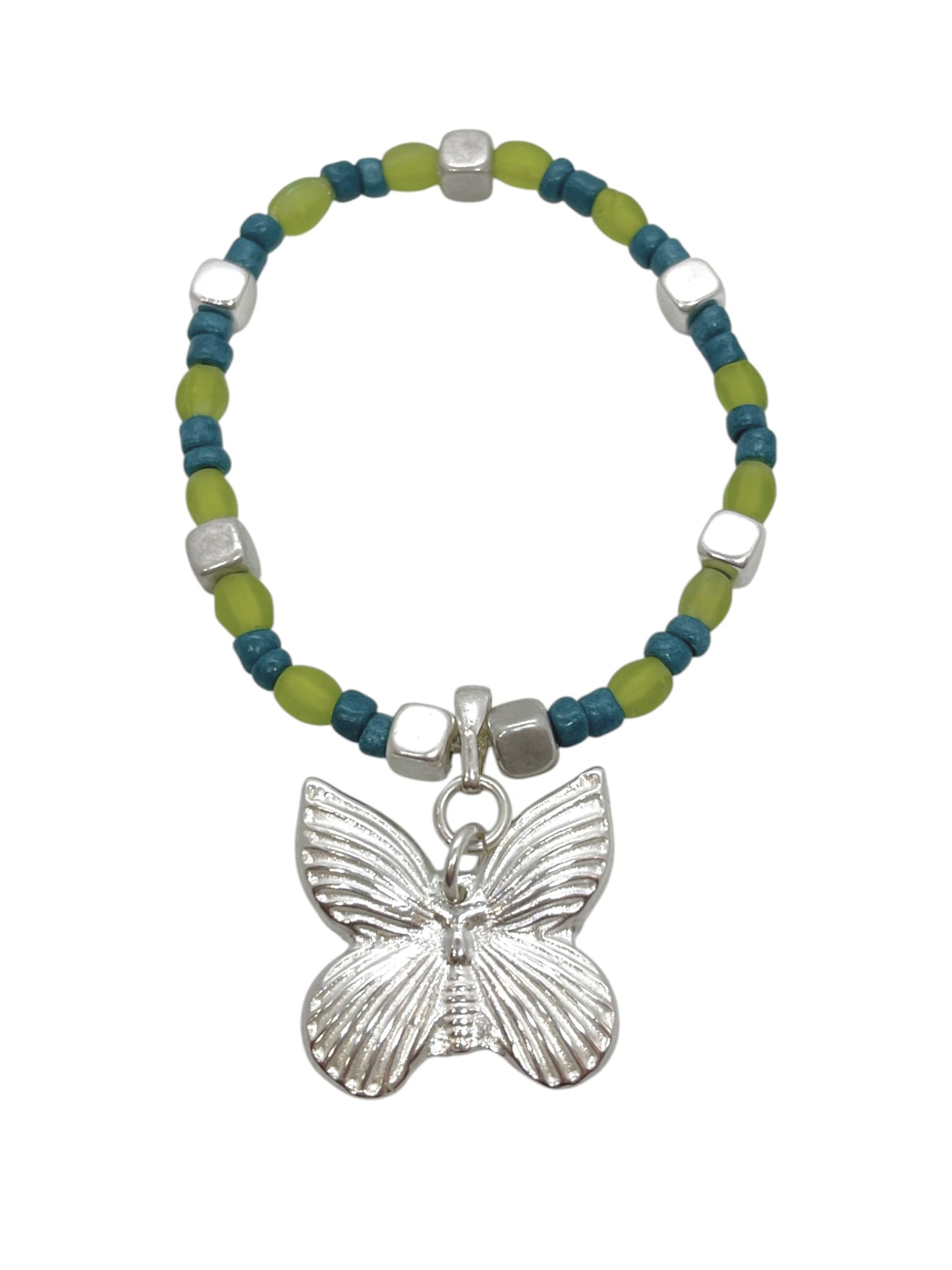 Pulsera mariposa elastica en plata y verdes cristal o dorado y rosas