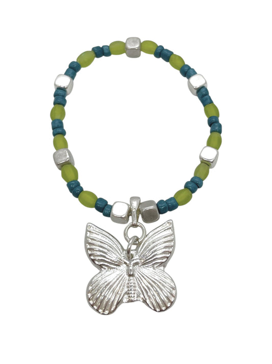 Pulsera mariposa elastica en plata y verdes cristal o dorado y rosas