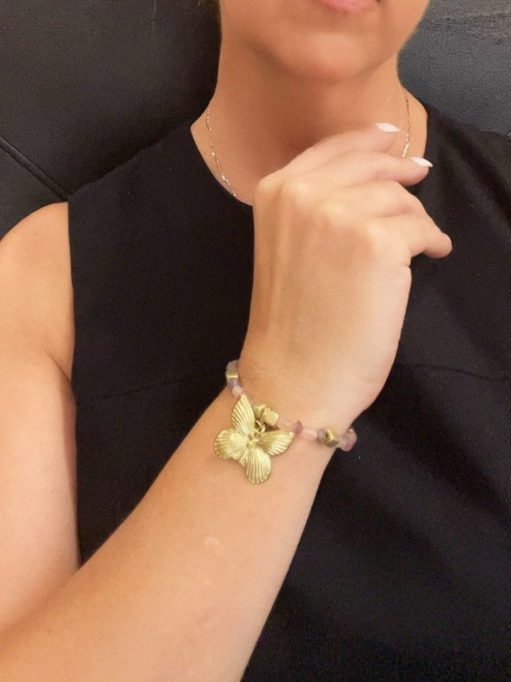Pulsera mariposa elastica en plata y verdes cristal o dorado y rosas