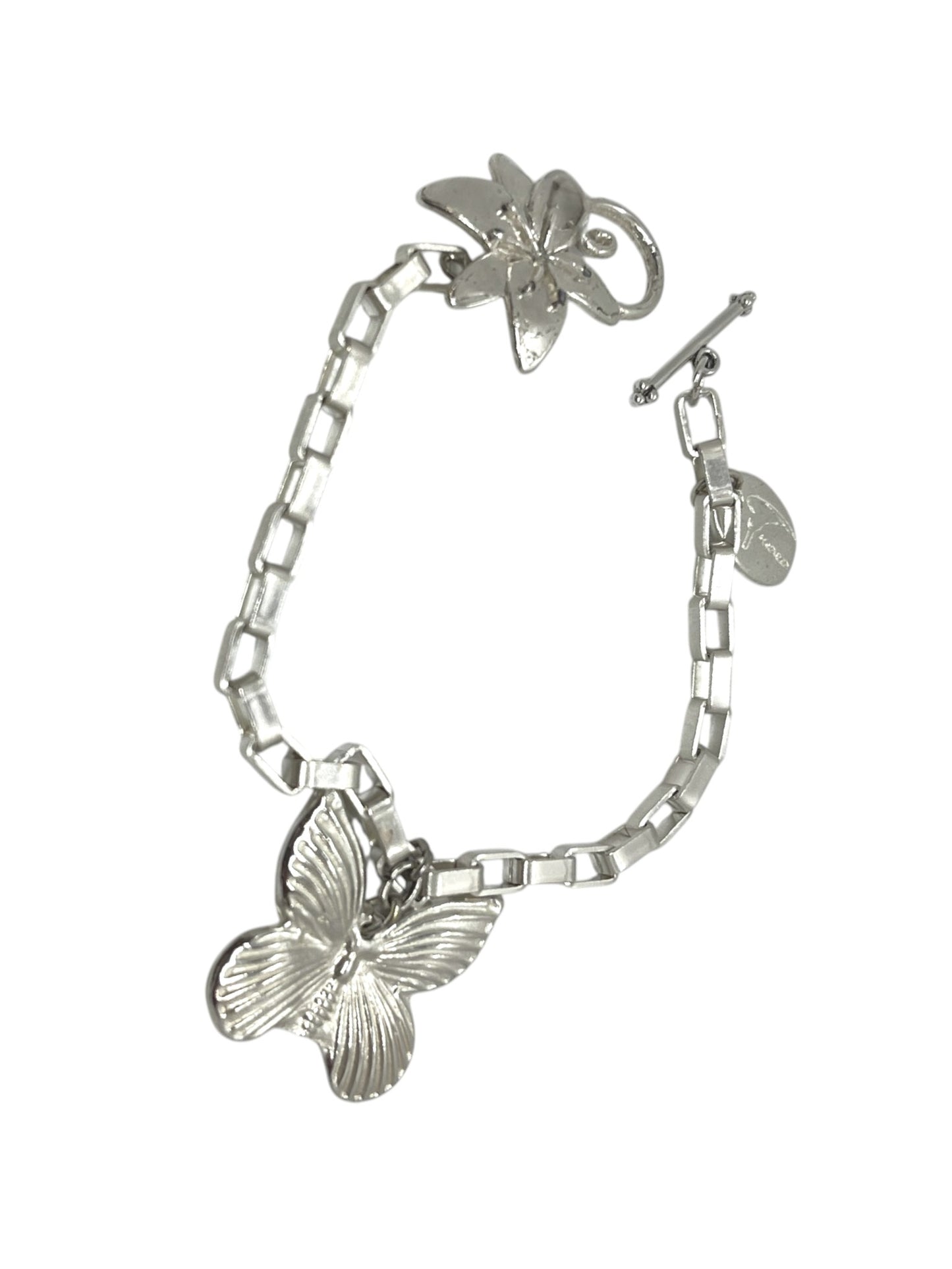 Pulsera cadena mariposa y flor con cierre T plata 10µ o dorado