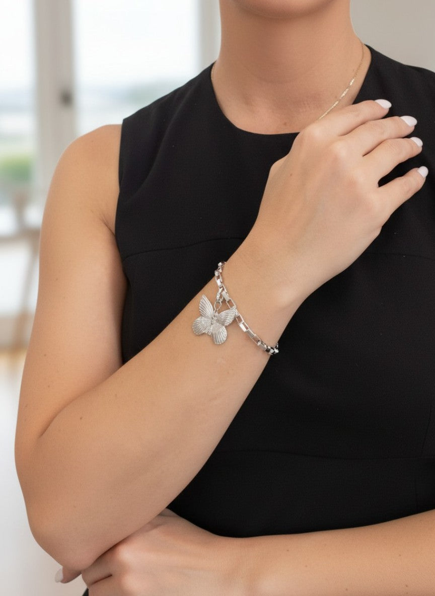 Pulsera cadena mariposa y flor con cierre T plata 10µ o dorado