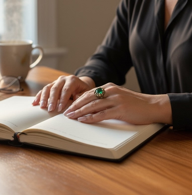 Anillo esmeralda chapado dorado-latón en forma solitario relieve artesano manual. Diseño único Gloria Mago