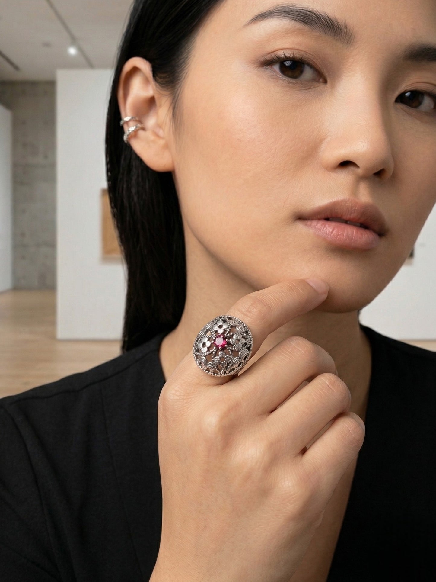 Anillo redondo Vintage con cristal Sw rosa plata 10µ