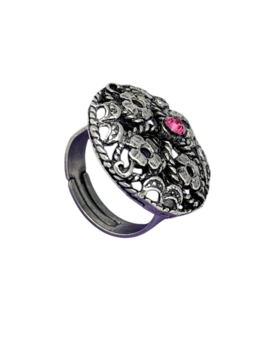 Anillo redondo Vintage con cristal Sw rosa plata 10µ