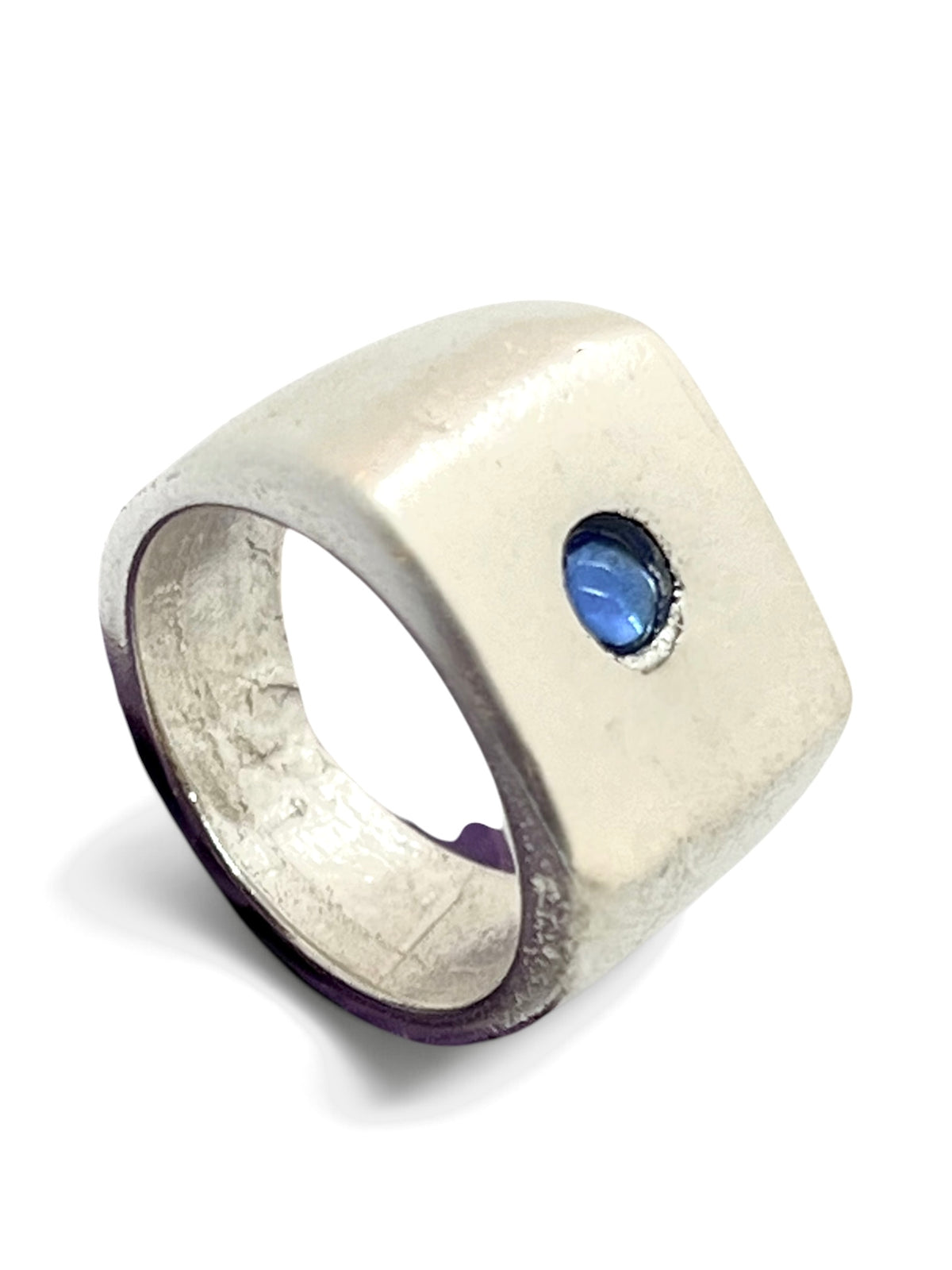 Anillo tipo sello con cristal central en azul plata 10µ, talla 14