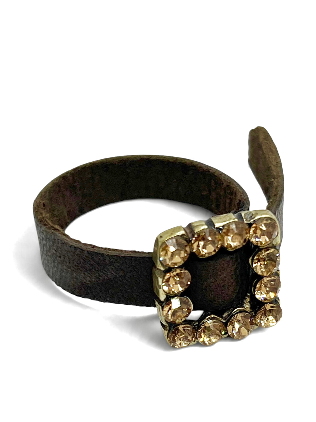 Anillo plata 10µ o dorado piel negro o marron y cristales en hebilla ajustable