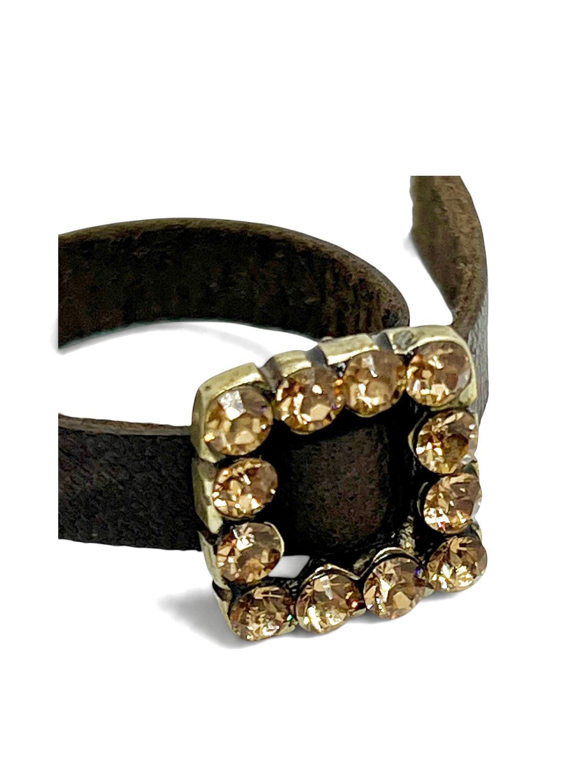 Anillo plata 10µ o dorado piel negro o marron y cristales en hebilla ajustable