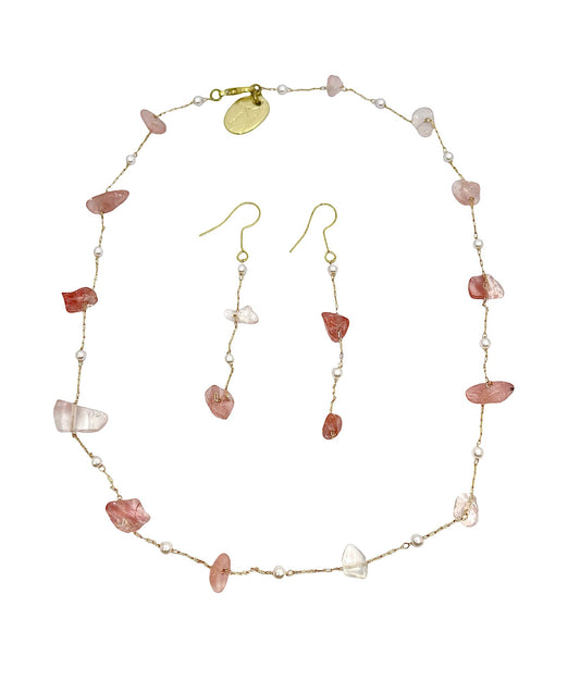 Conjunto quarzo rosa natural irregular collar y pendiente