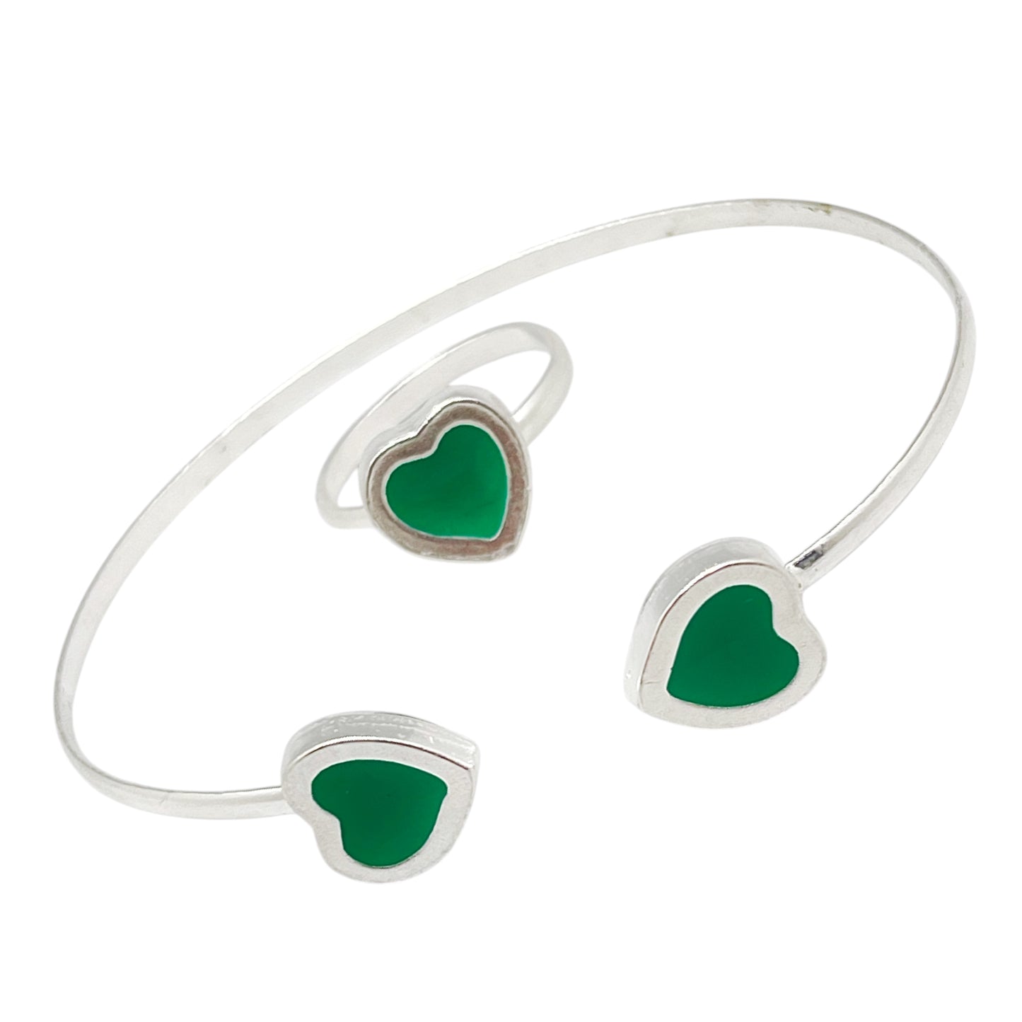 Conjunto Colors Corazón  Pulsera y anillo plata 10µ Verde