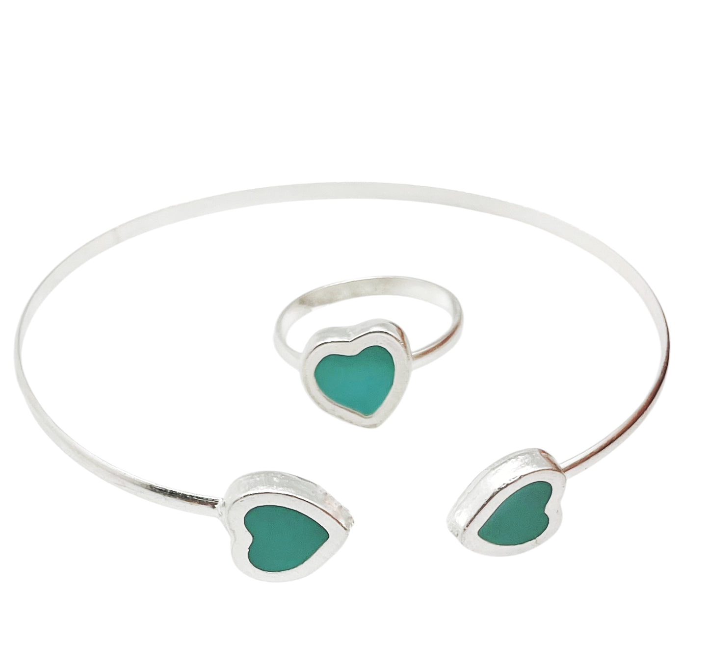 Conjunto Colors Corazón  Pulsera y anillo plata 10µ Verde
