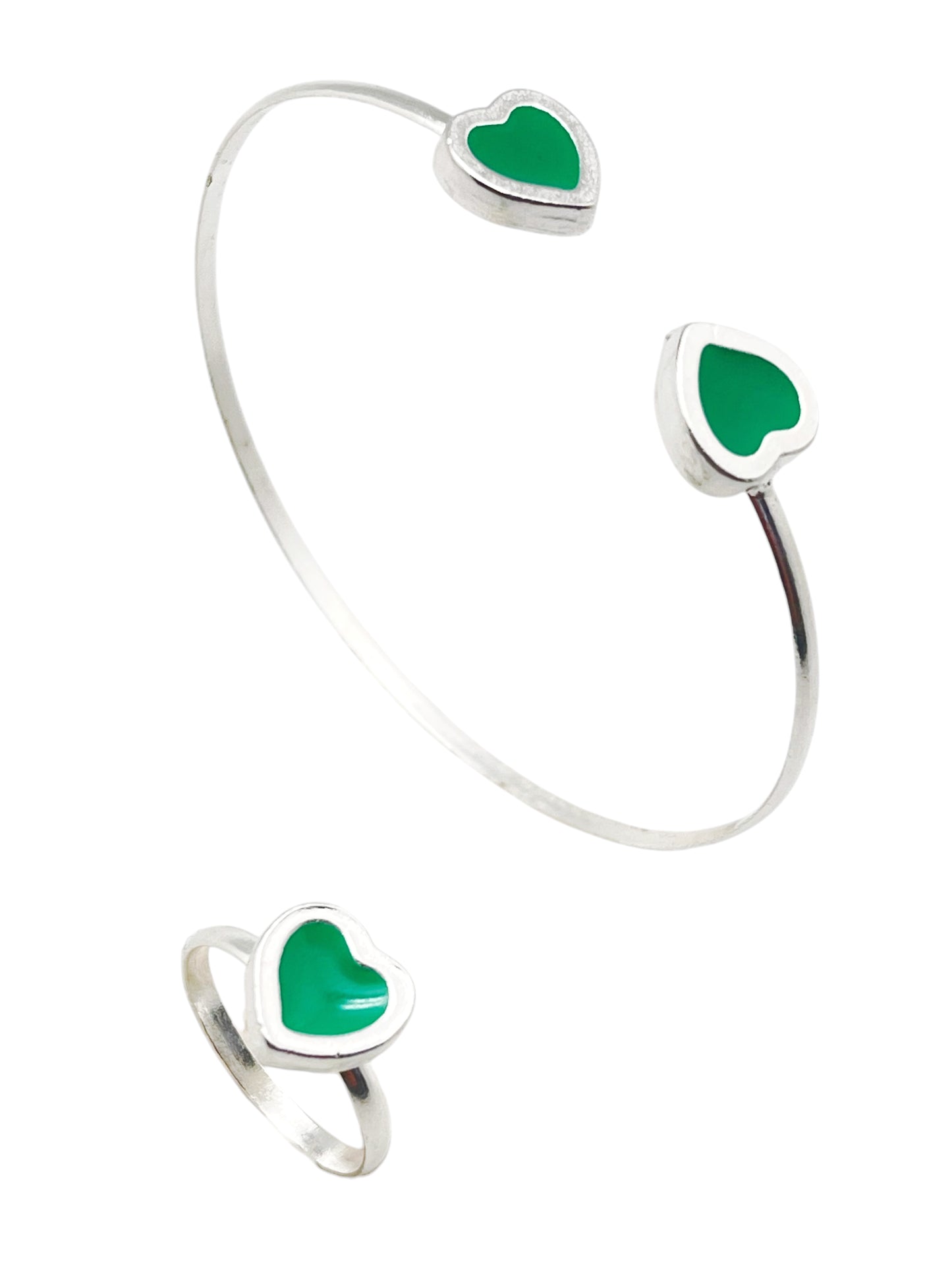 Conjunto Colors Corazón  Pulsera y anillo plata 10µ Verde