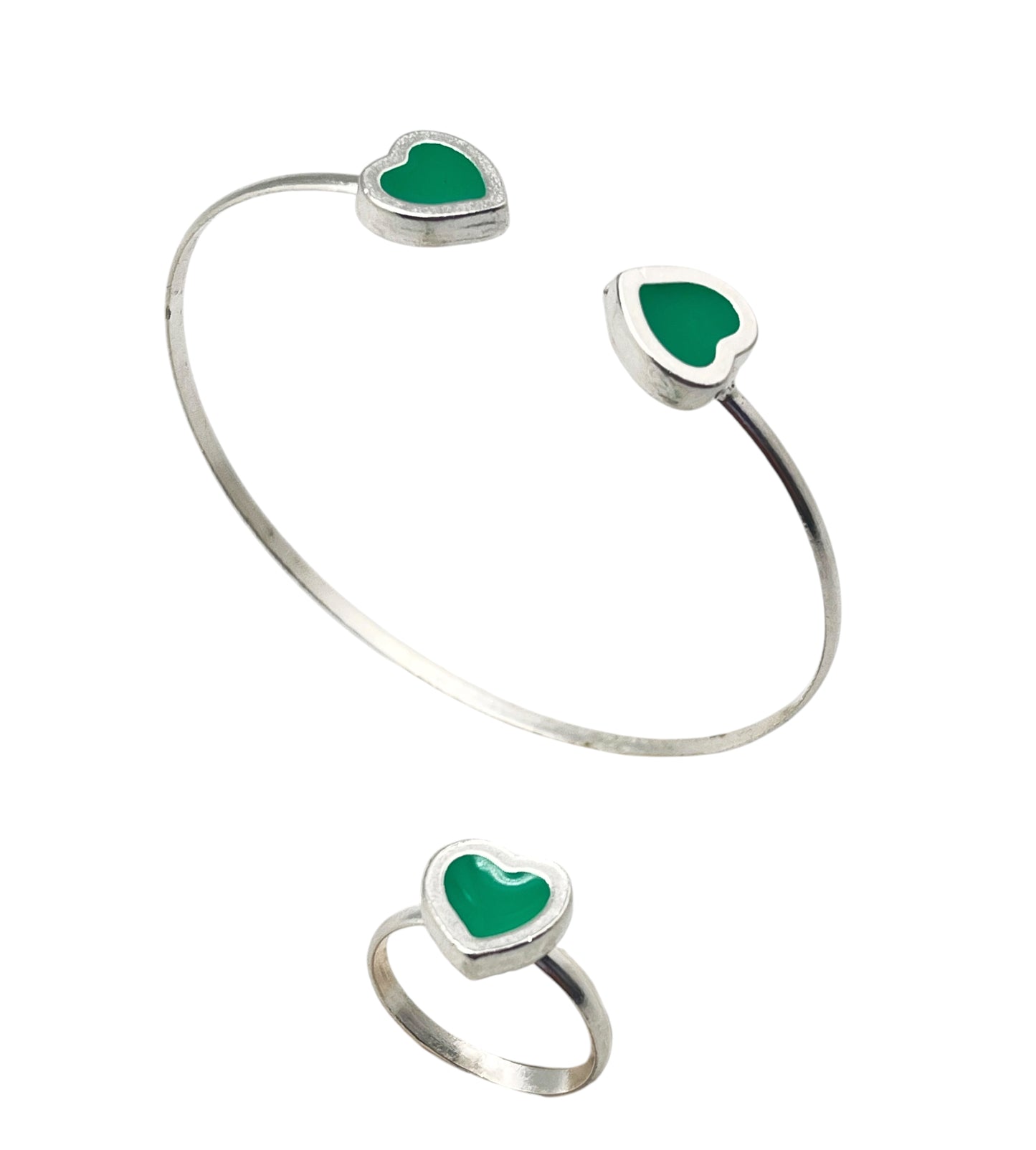 Conjunto Colors Corazón  Pulsera y anillo plata 10µ Verde
