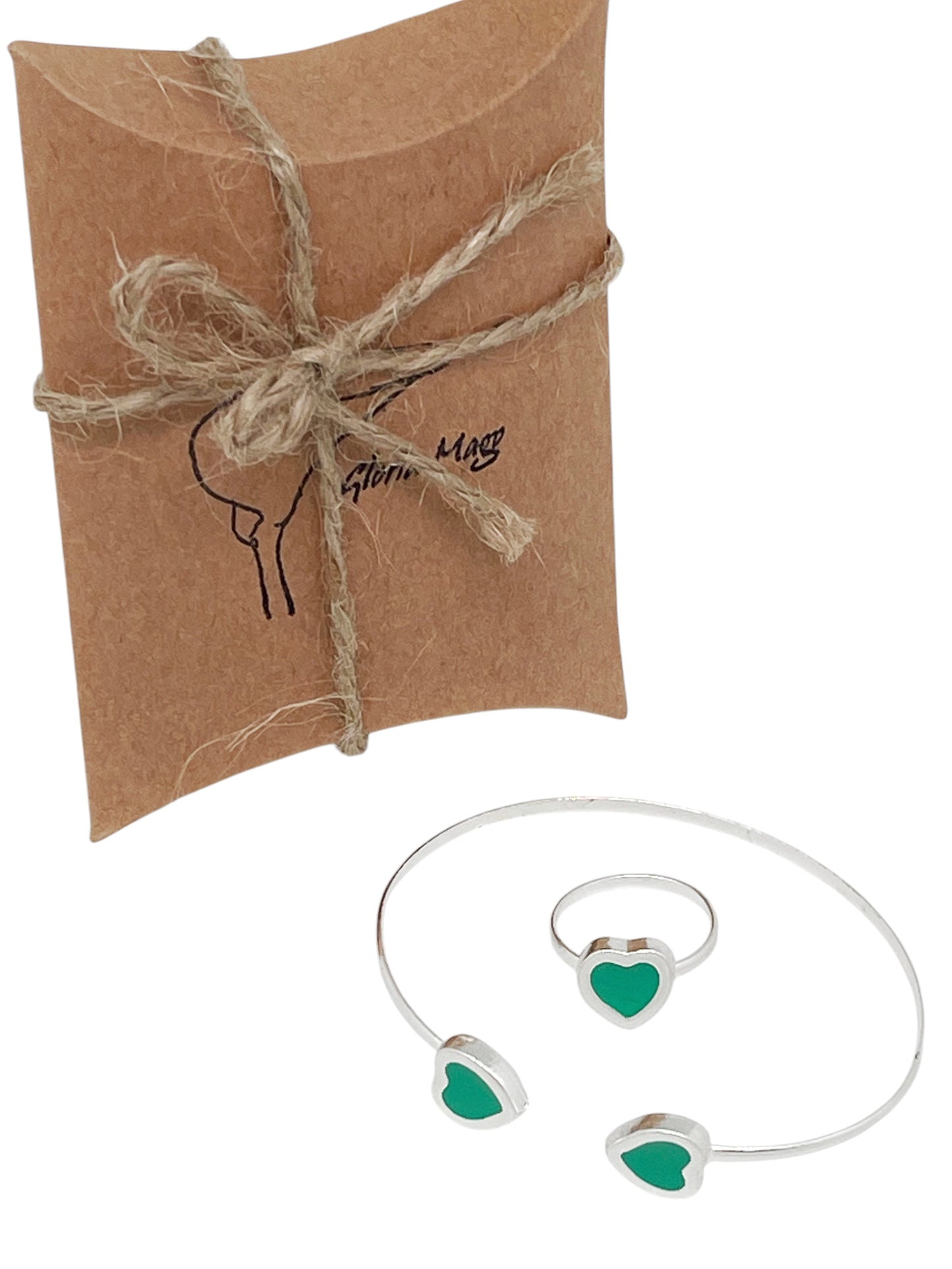 Conjunto Colors Corazón  Pulsera y anillo plata 10µ Verde