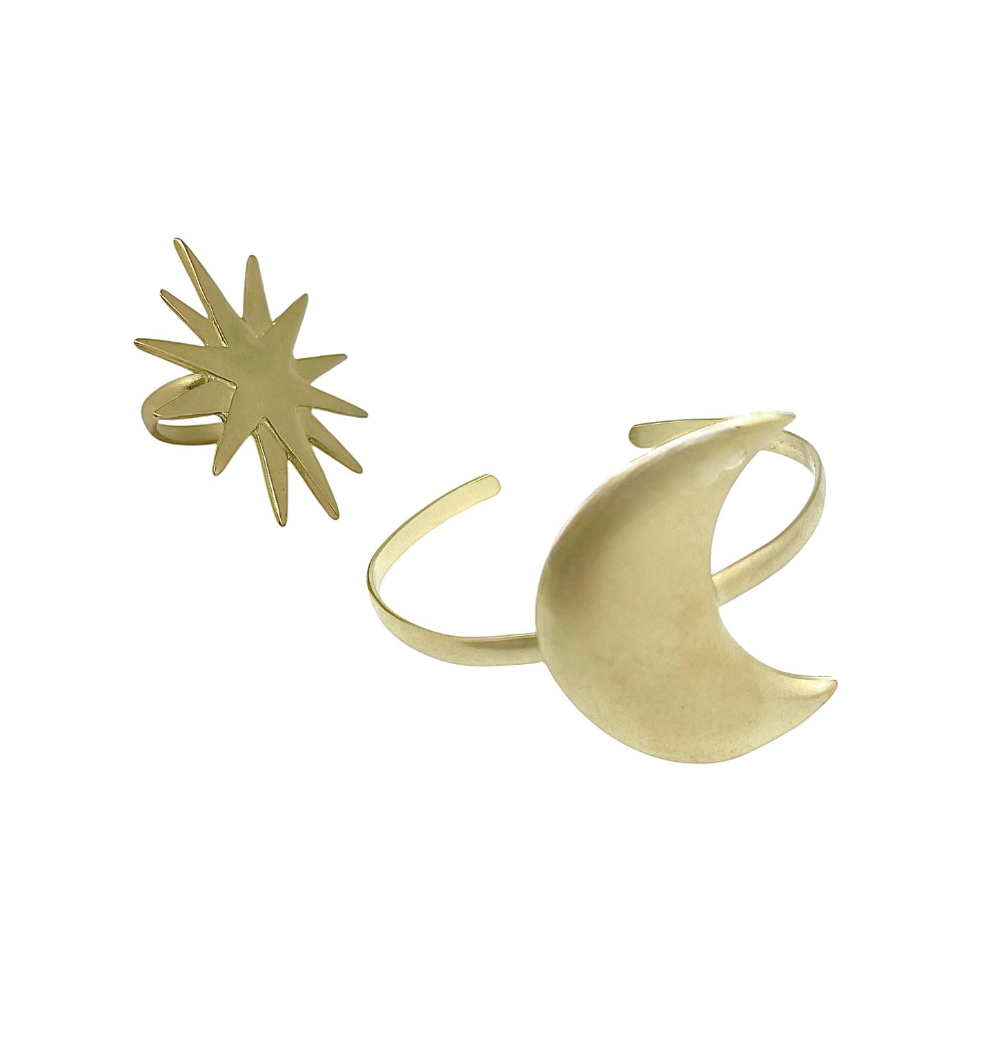 Conjunto Noche clara dorado chapado latón. Pulsera luna latón y anillo chapado dorado. Diseño único Gloria Mago