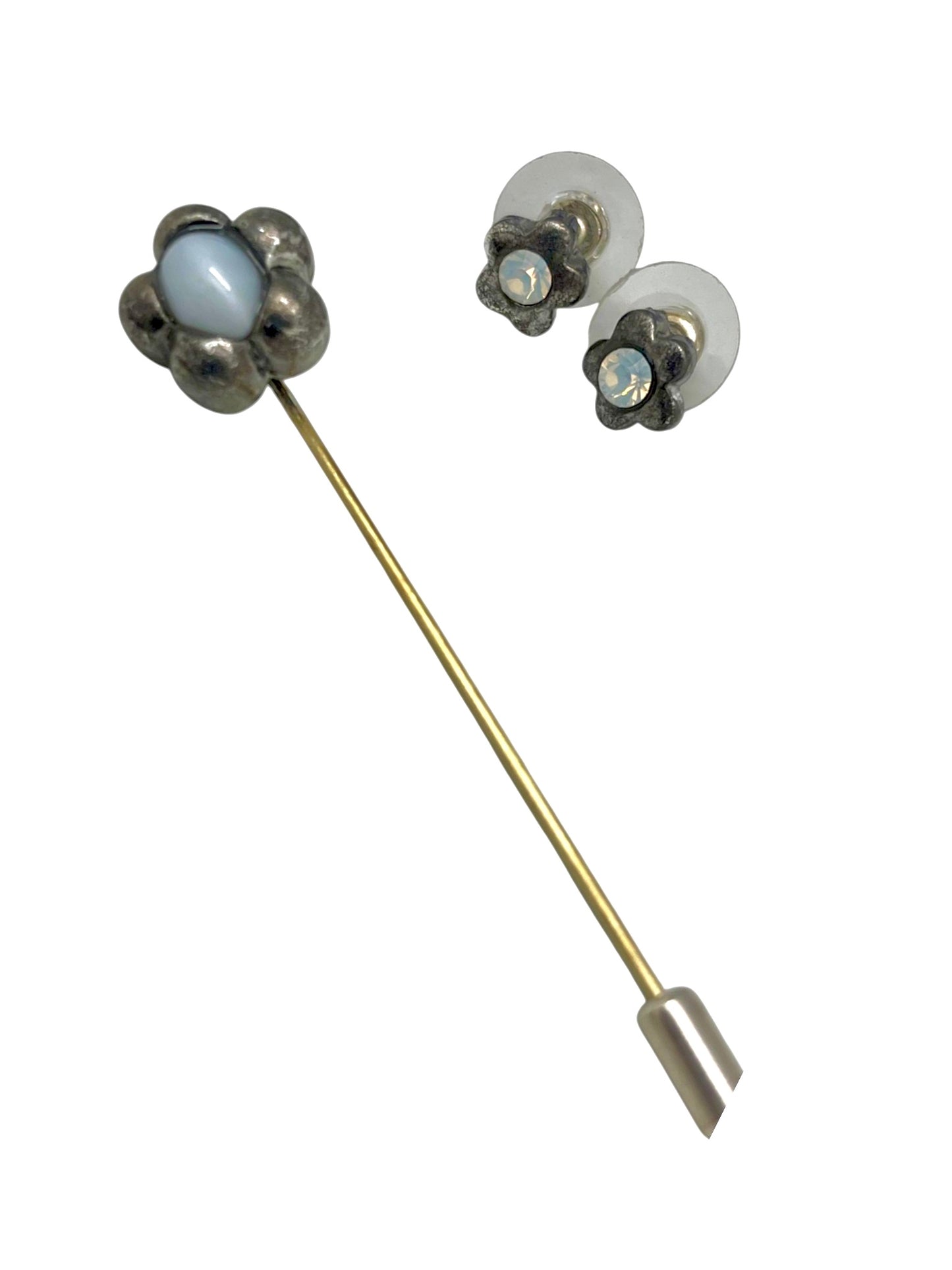 Conjunto broche alfiler nacar y pendientes cristal Sw en plata 10µ