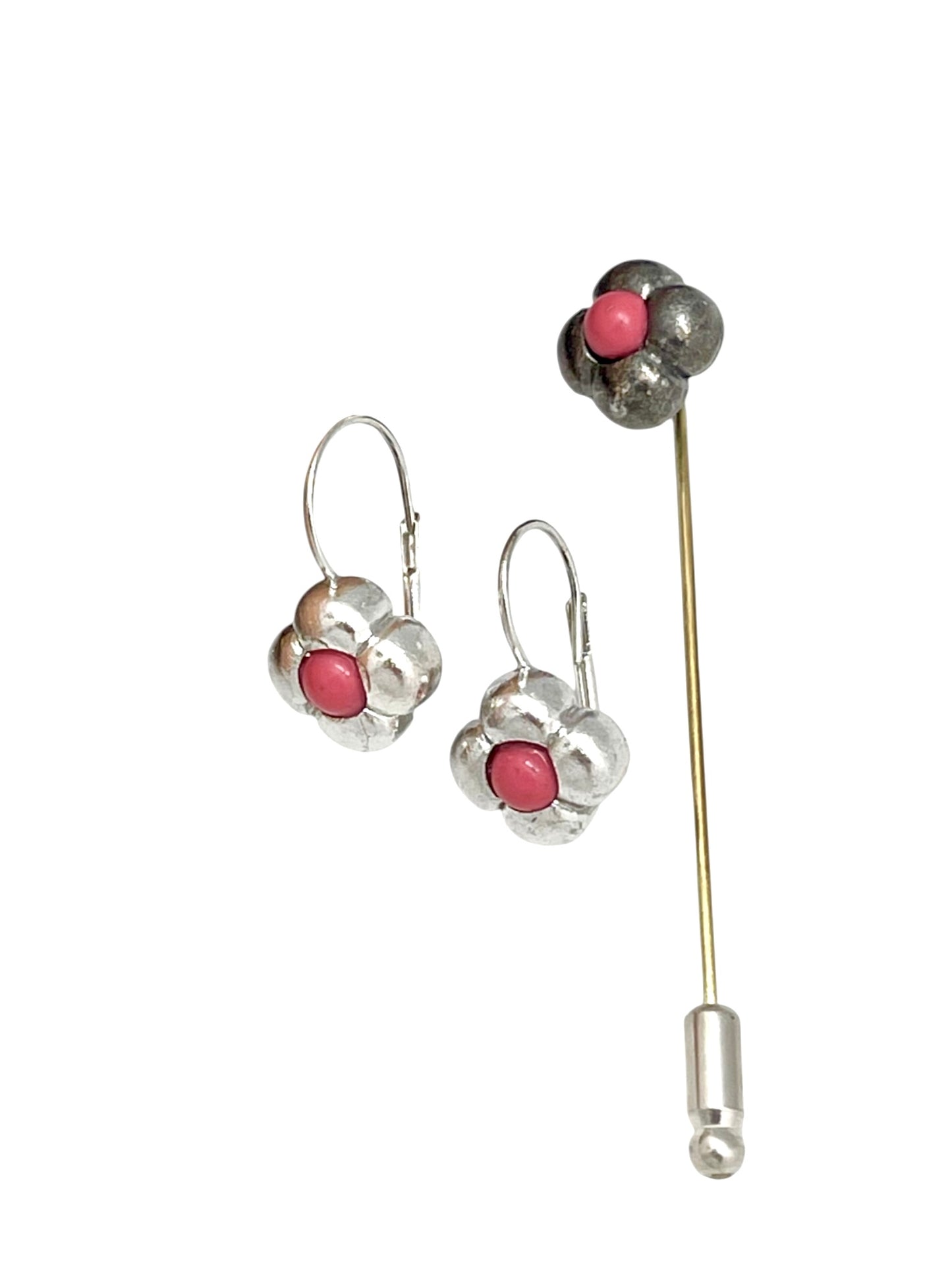 Conjunto broche alfiler rojo coral y pendientes dormilona plata 10µ