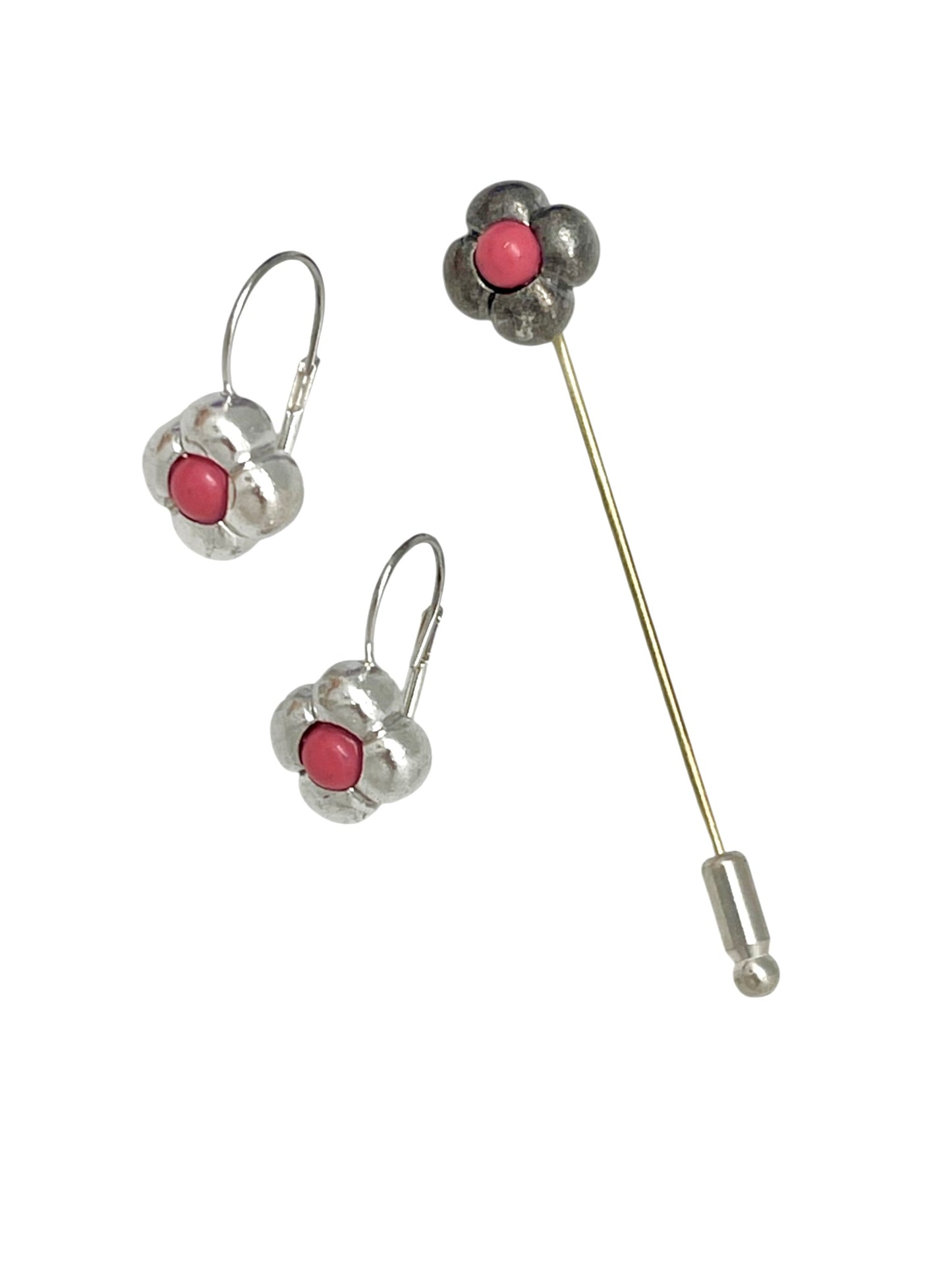Conjunto broche alfiler rojo coral y pendientes dormilona plata 10µ