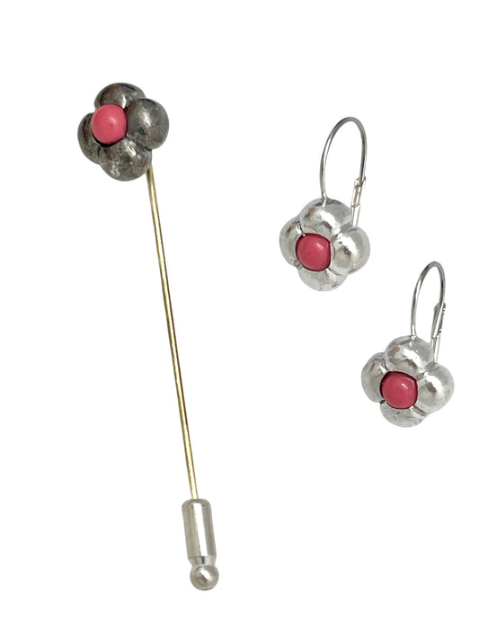 Conjunto broche alfiler rojo coral y pendientes dormilona plata 10µ
