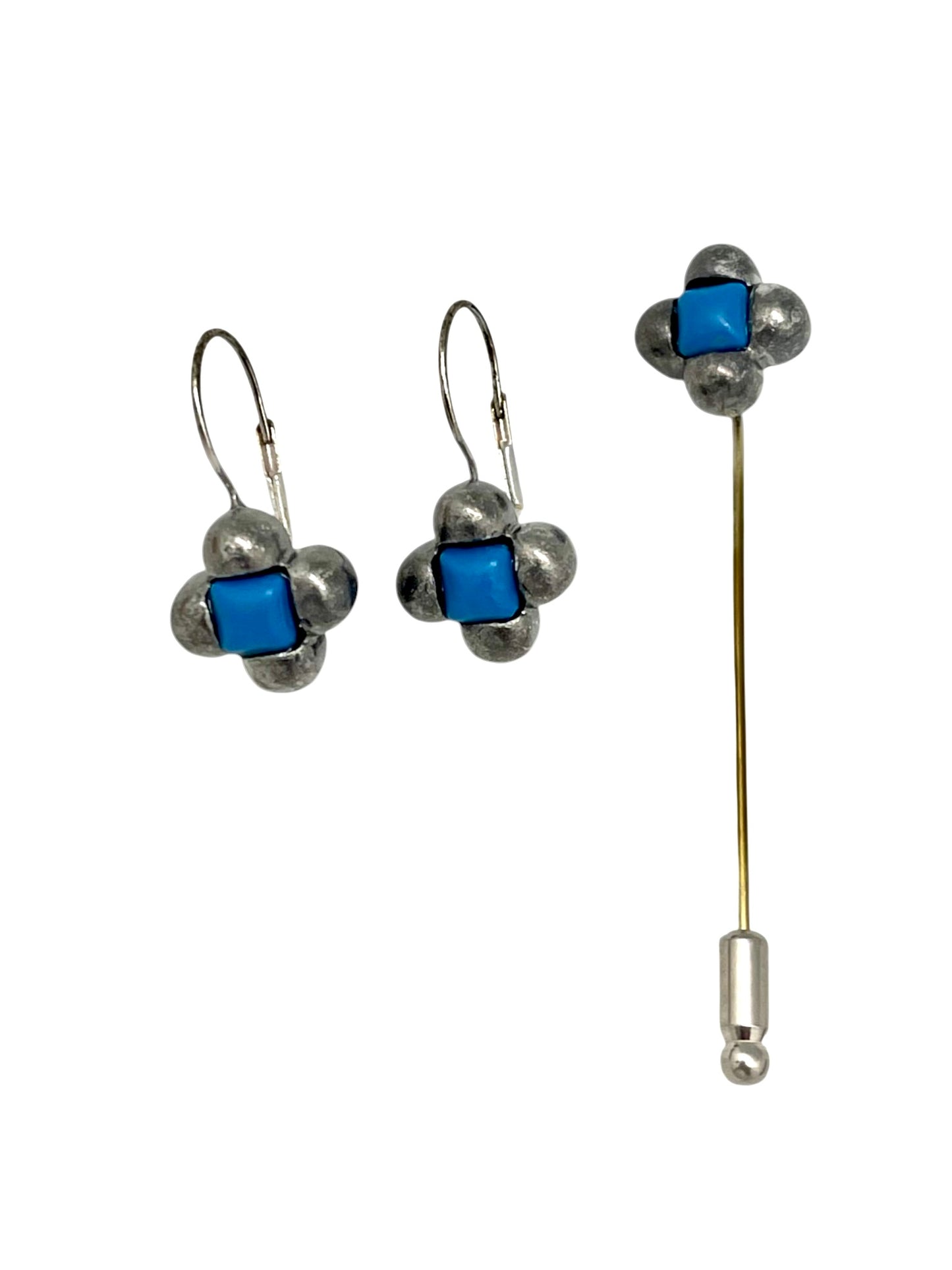 Conjunto broche alfiler azul klein y pendientes dormilona plata 10µ