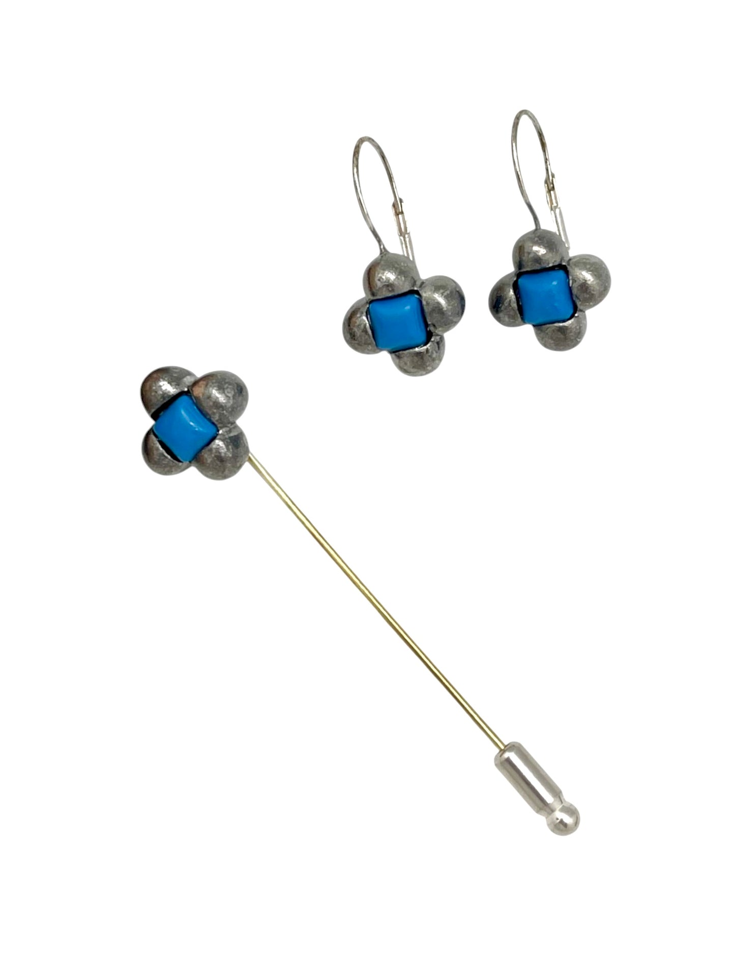 Conjunto broche alfiler azul klein y pendientes dormilona plata 10µ
