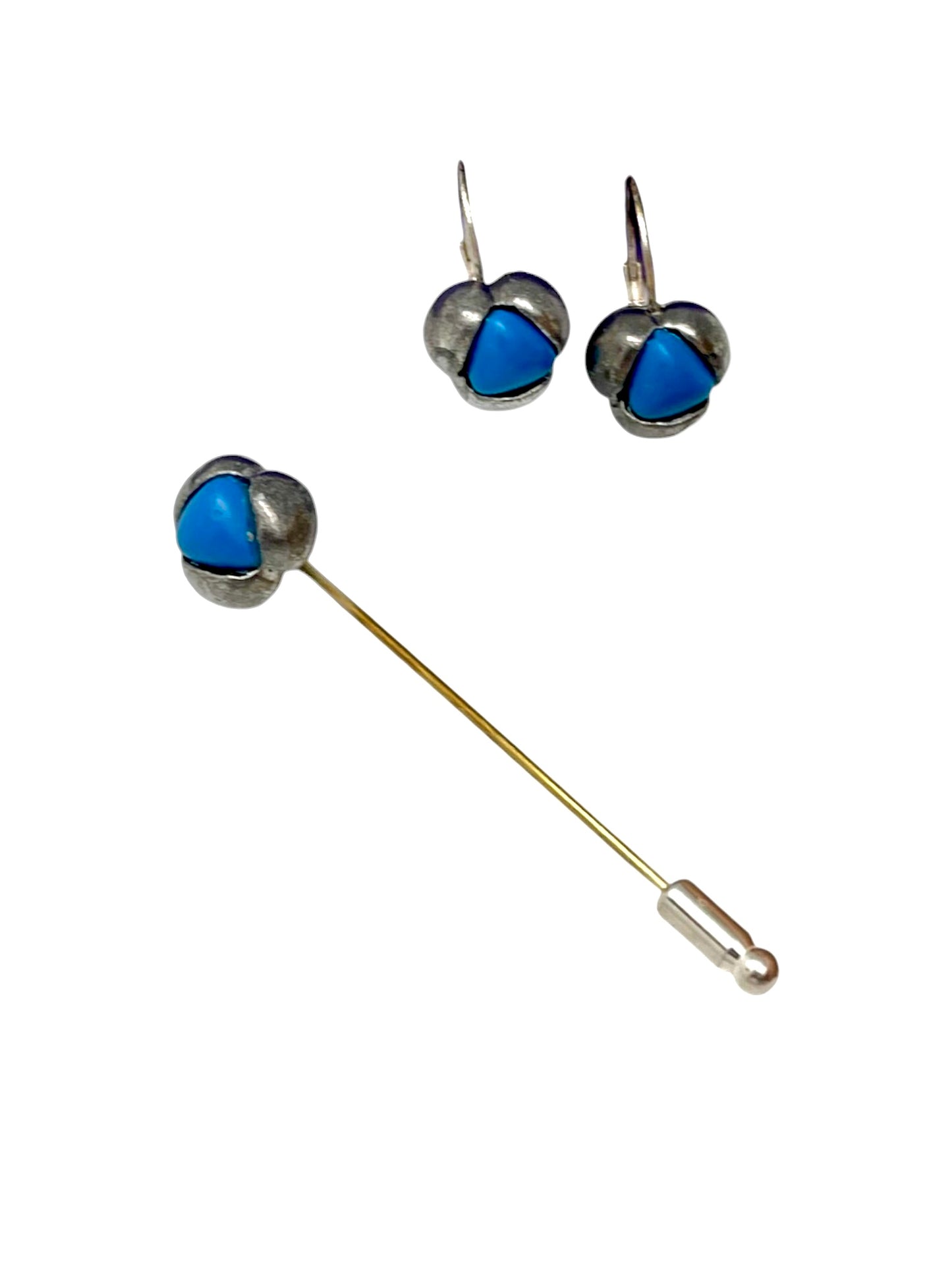 Conjunto broche alfiler azul turquesa y pendientes dormilona plata 10µ