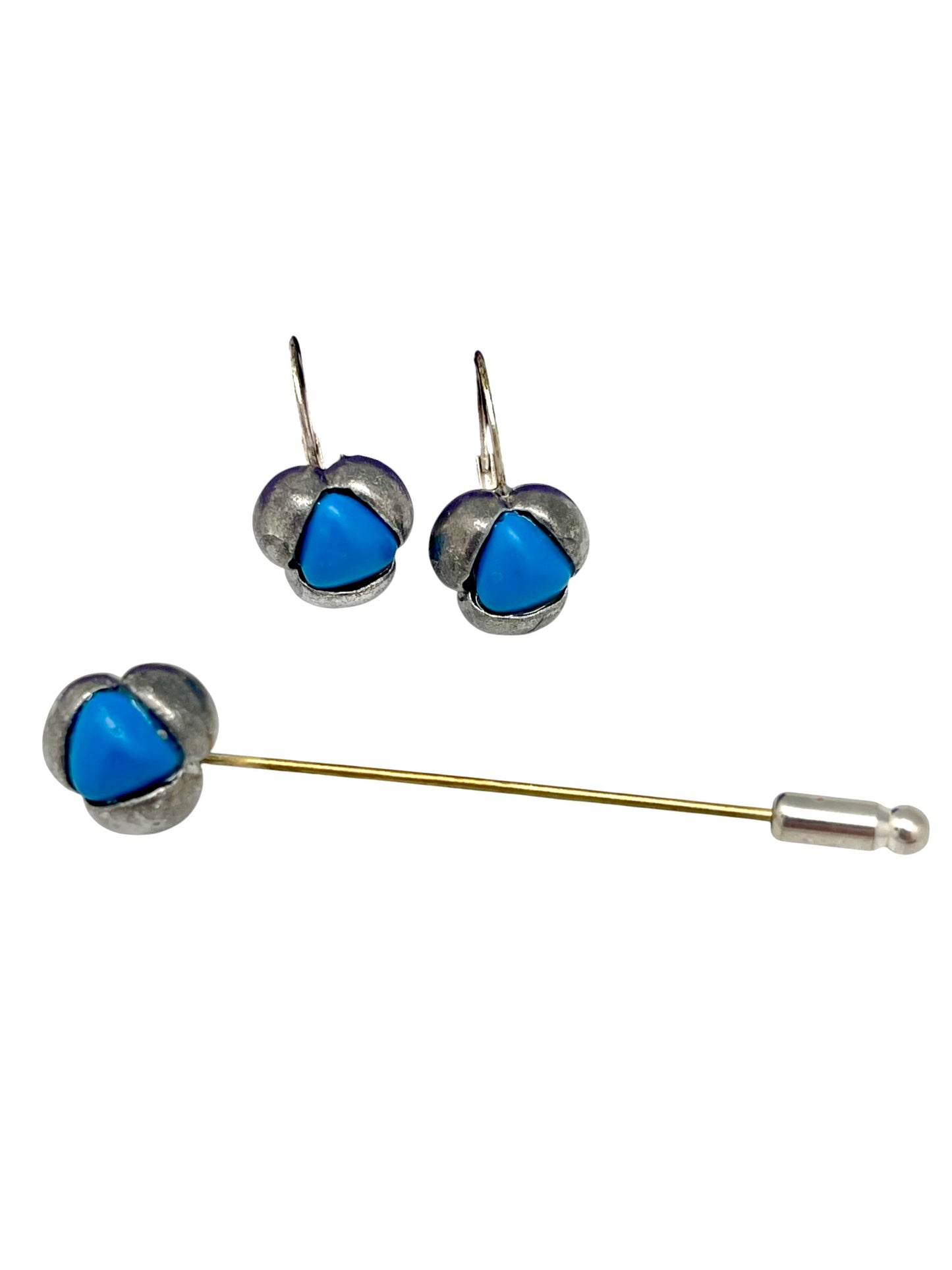 Conjunto broche alfiler azul turquesa y pendientes dormilona plata 10µ