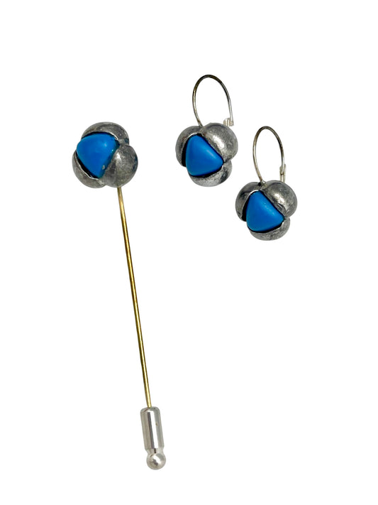 Conjunto broche alfiler azul turquesa y pendientes dormilona plata 10µ
