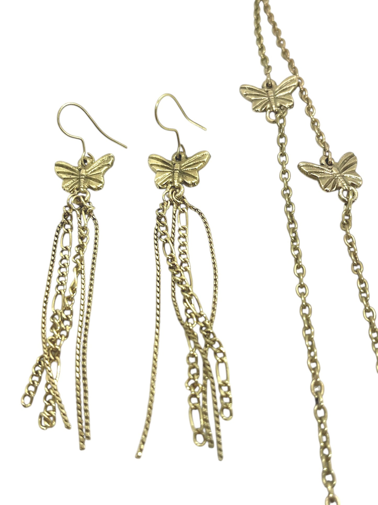 Conjunto collar largo multiposición y pendientess mariposa con cadenas plata 10µ o dorado