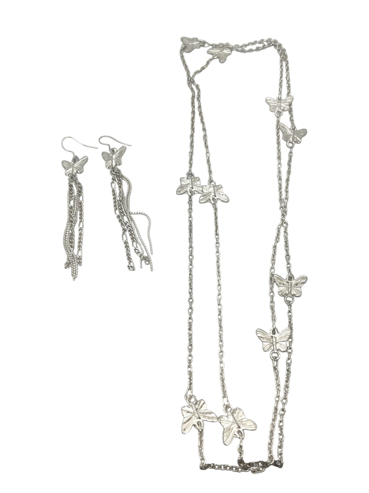 Conjunto collar largo multiposición y pendientess mariposa con cadenas plata 10µ o dorado