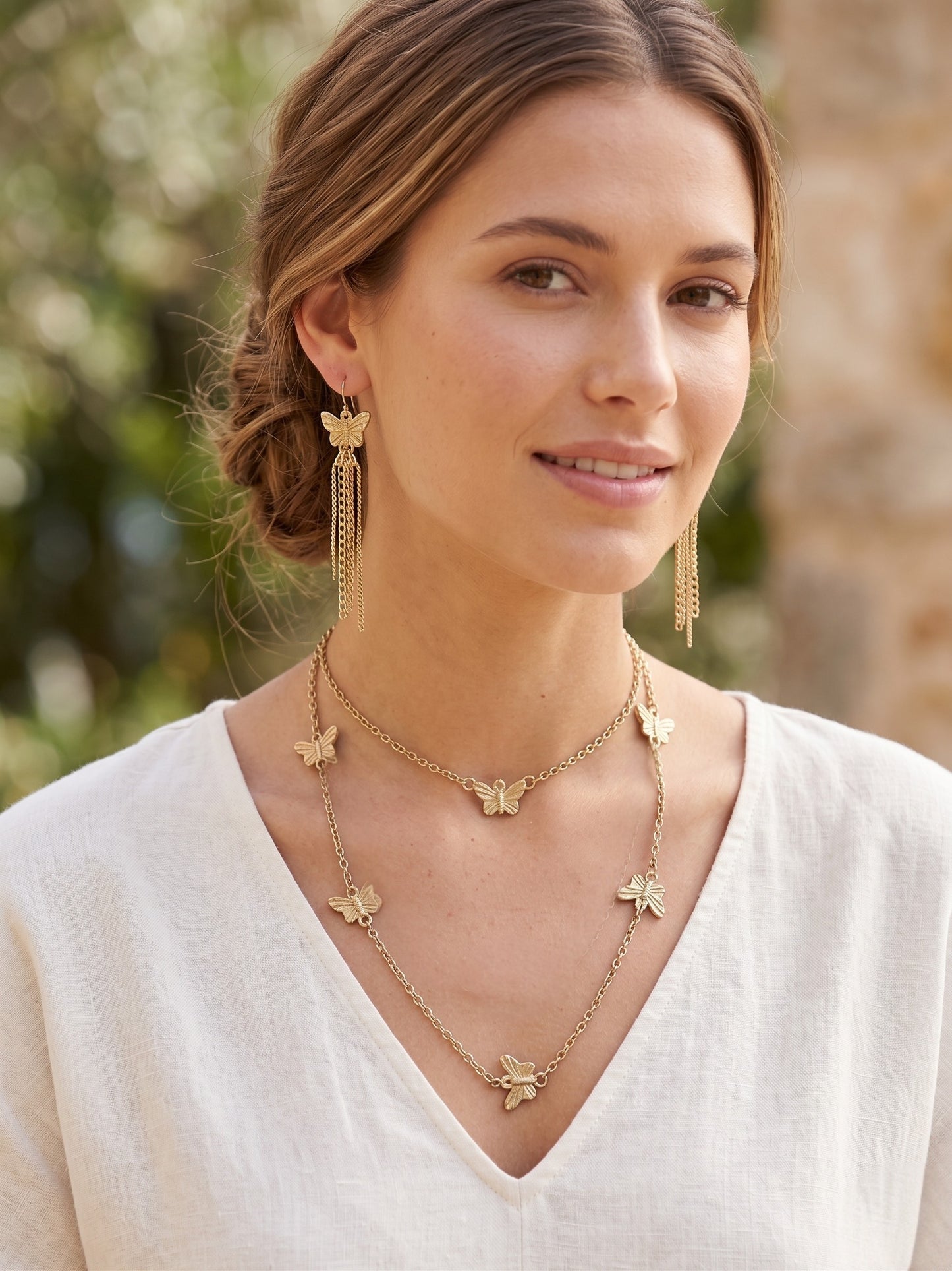 Conjunto collar largo multiposición y pendientess mariposa con cadenas plata 10µ o dorado