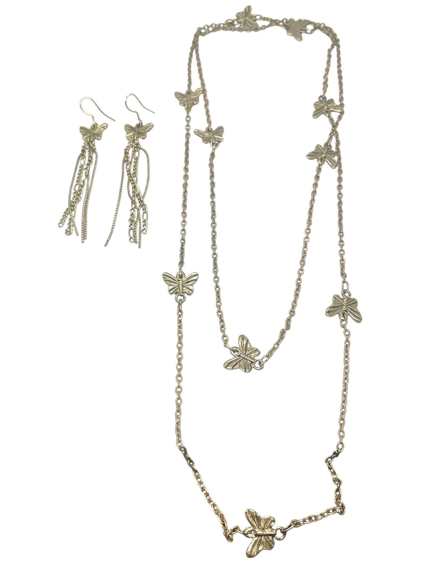 Conjunto collar largo multiposición y pendientess mariposa con cadenas plata 10µ o dorado