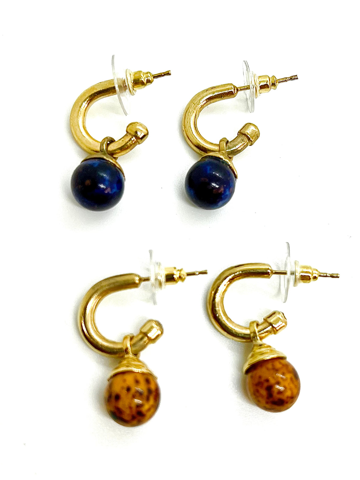 Pack aros pequeño y bola colgante dorado chapado y bolas en azul marino y marron jaspeado