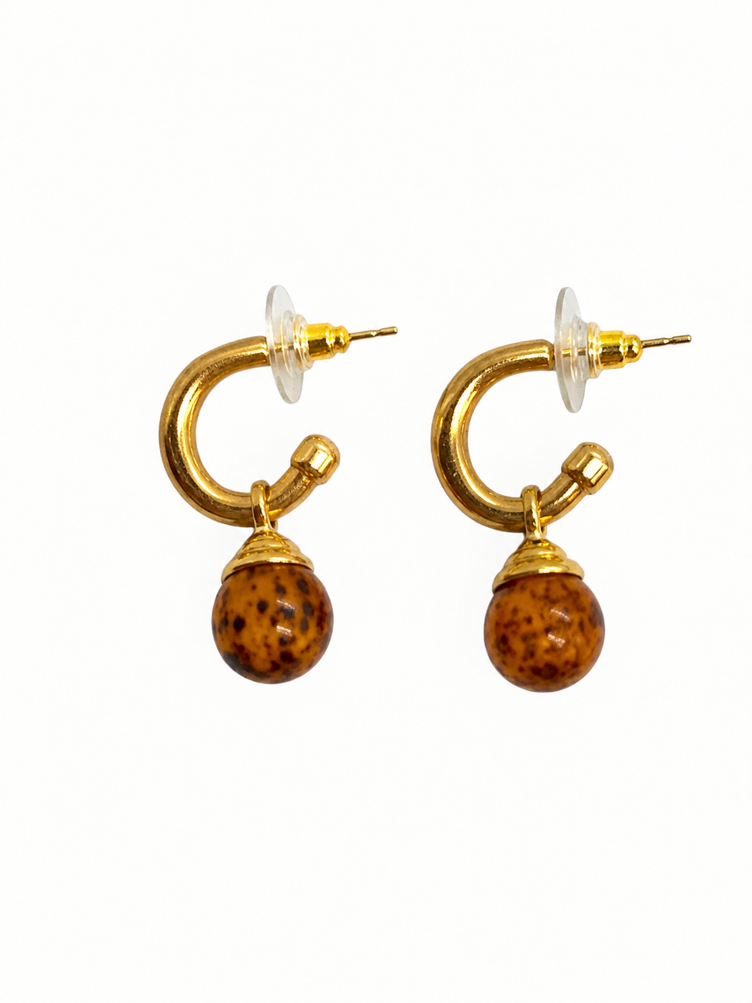 Pack aros pequeño y bola colgante dorado chapado y bolas en azul marino y marron jaspeado