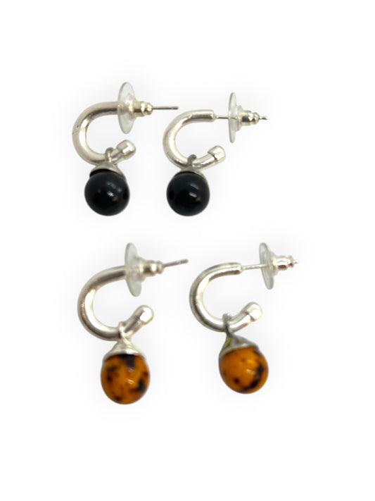 Pack aros pequeño y bola colgante plata chapado y bolas en negro y jaspeado