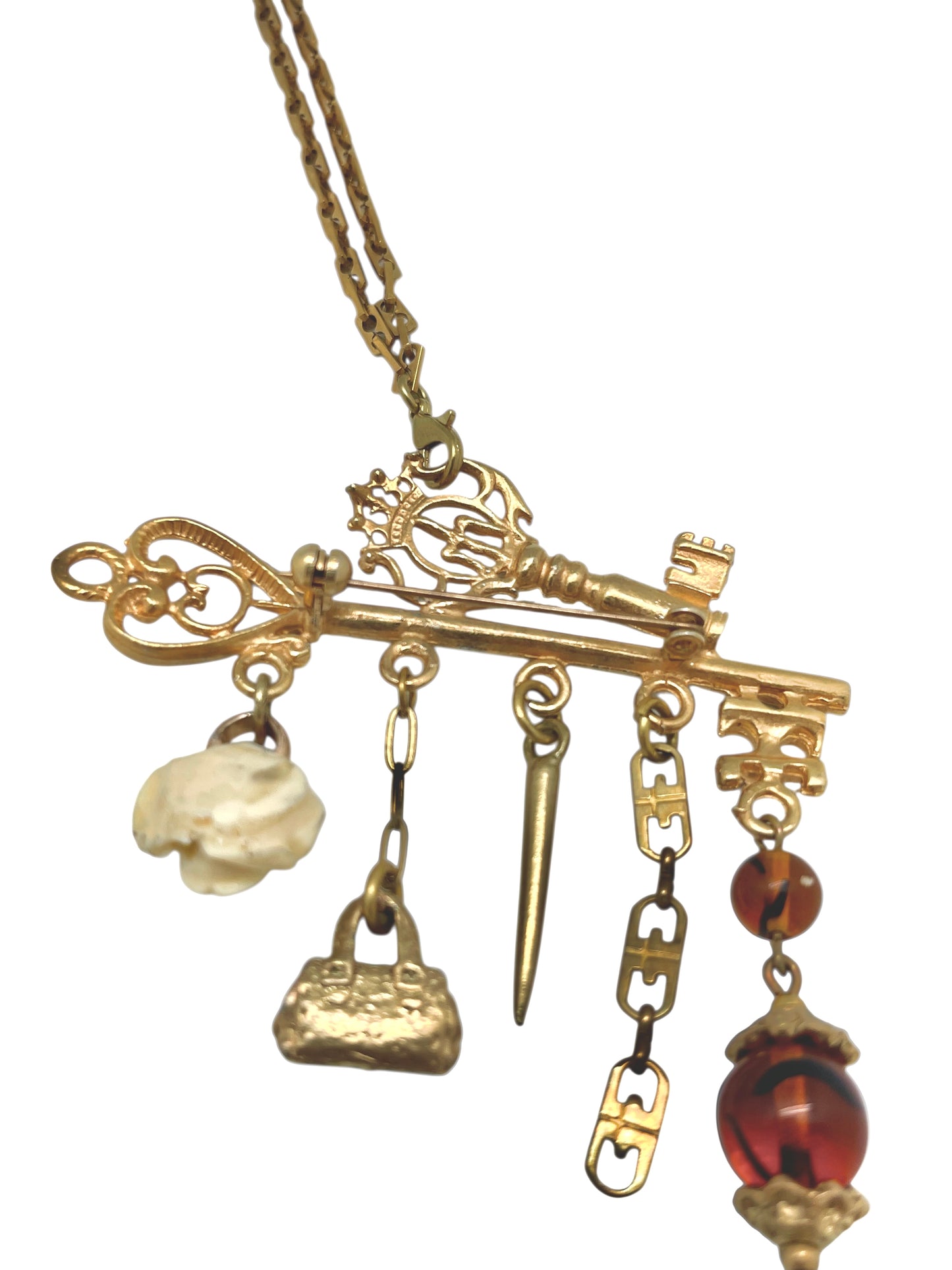 Collar + broche  largo Key Club charms pendant en dorado chapado latón