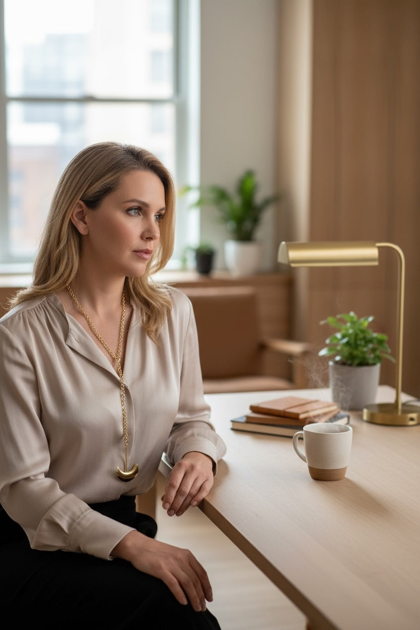 Collar Caleido largo multiposición corbatero en latón chapado dorado