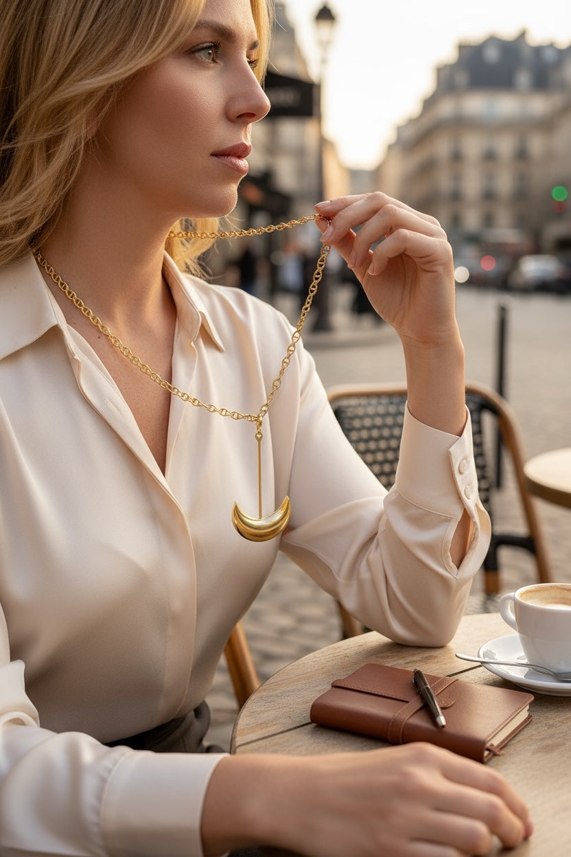 Collar Caleido largo multiposición corbatero en latón chapado dorado