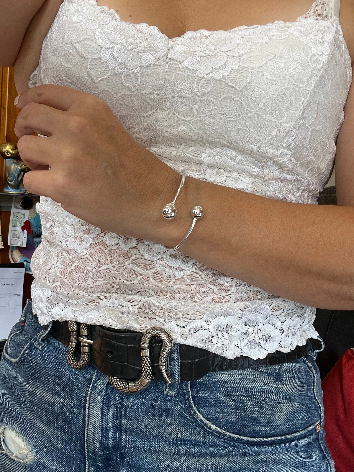 Pulsera aro laton y doble bola en plata chapado 10µ o dorado