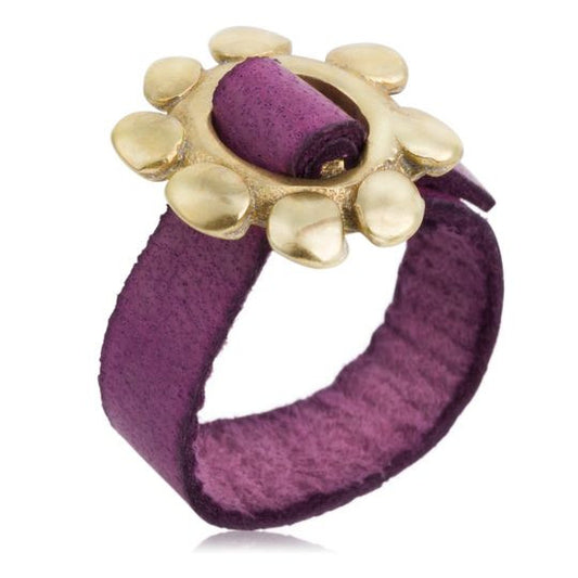 Purple-golden leather adjustable ring "Cadmi"