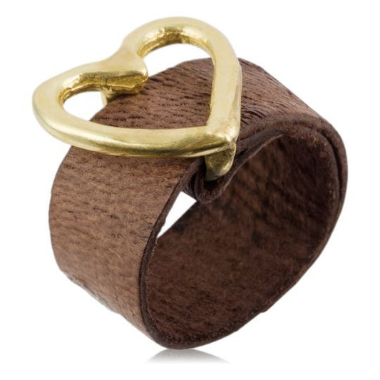 Golden brown leather adjustable heart buckle ring