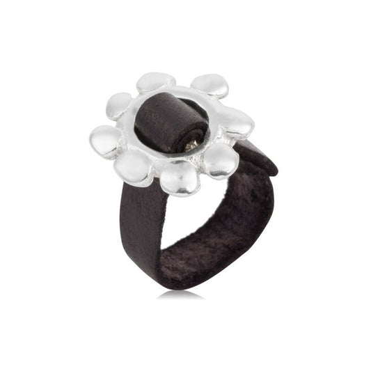 "Cadmi" black leather plated 925 silver buckle ring
