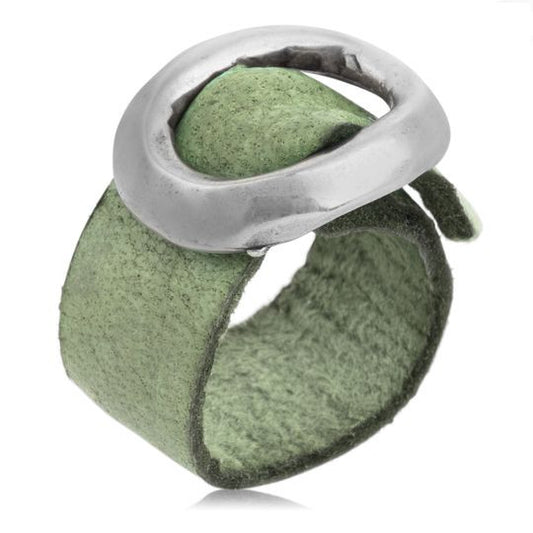 "Basic" plated 925 silver ring with green leather buckle