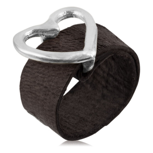 Black leather ring-925 silver plated with heart buckle