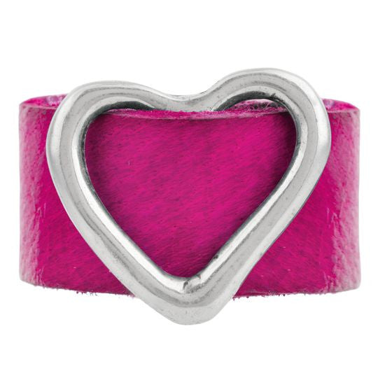 Fuschia leather ring-925 silver plated heart buckle