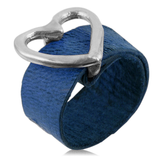 925 silver plated zamak blue leather heart ring