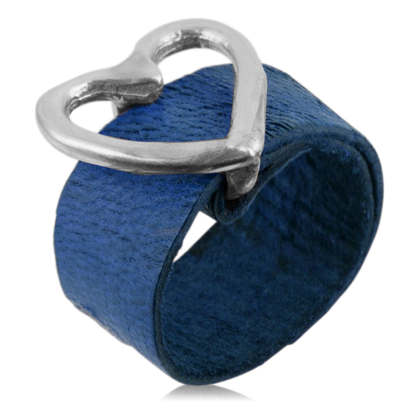 925 silver plated zamak blue leather heart ring
