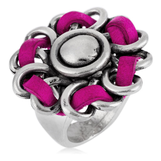 925 silver plated fuschia flower sewn leather ring