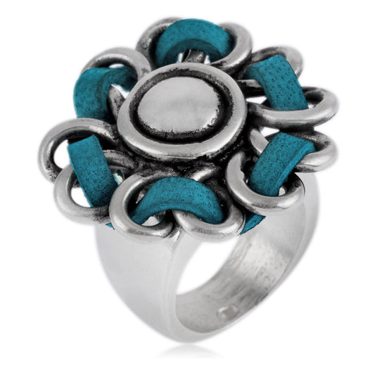925 silver plated leather ring sewn turquoise flower