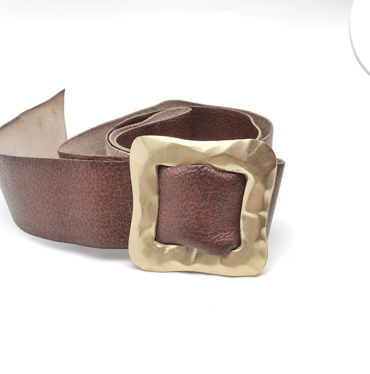 Brown leather belt with square golden buckle