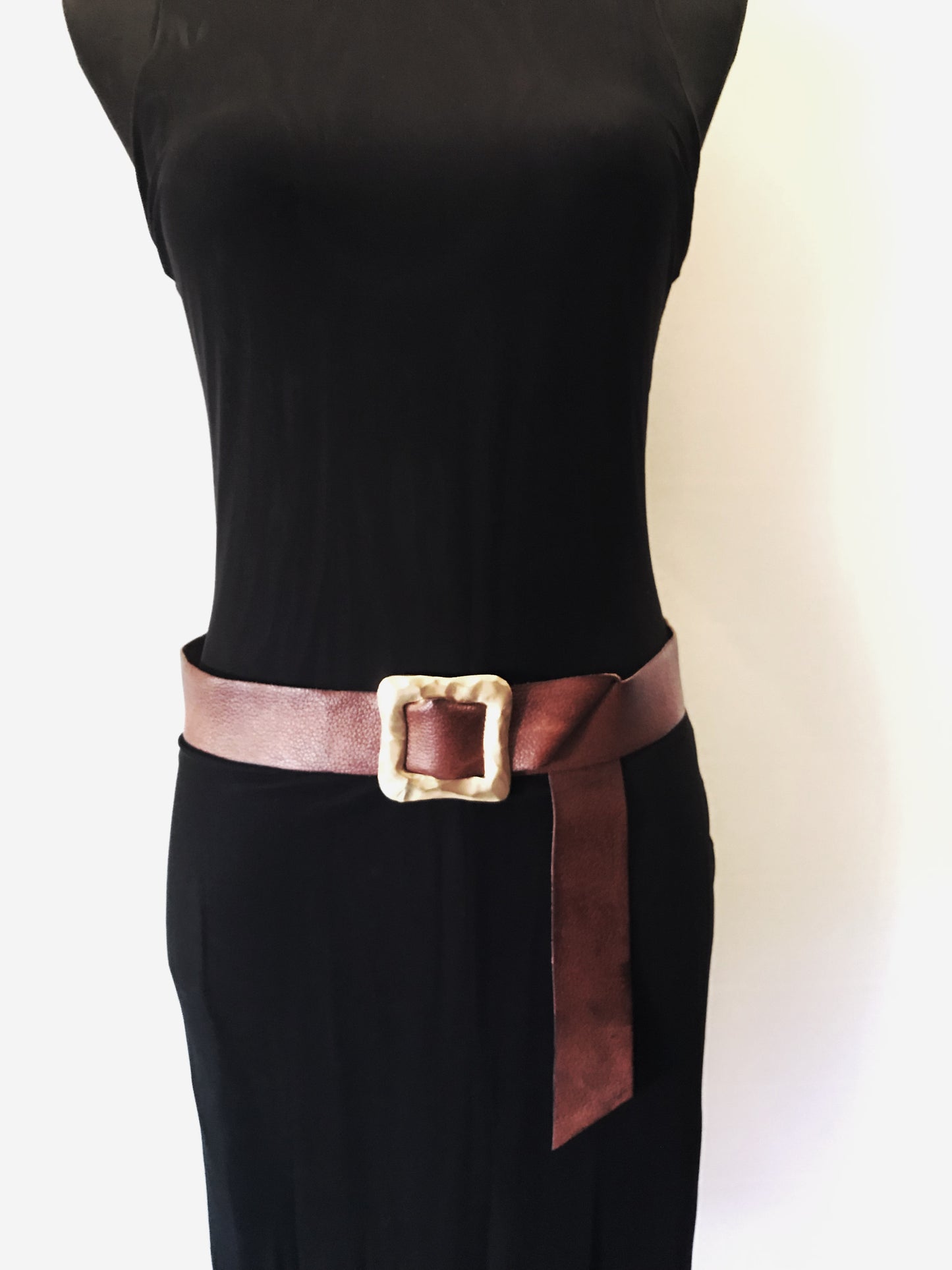 Brown leather belt with square golden buckle